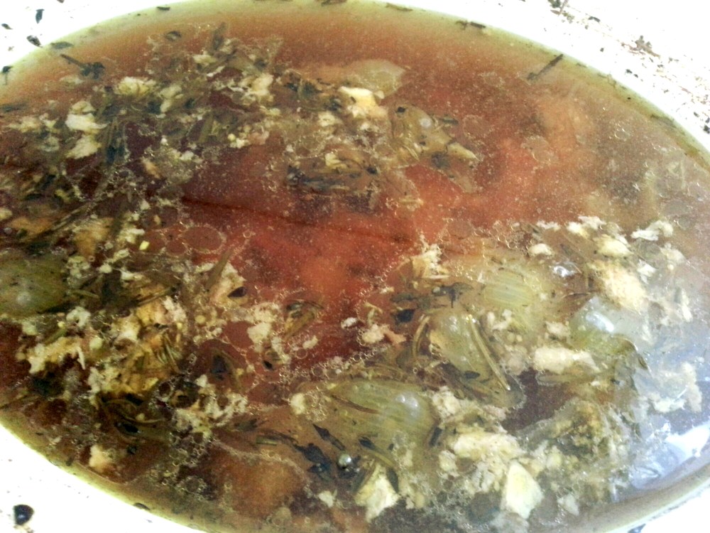 24 hours: The stock is a lovely  rich color now, and the veggies have all softened. I sampled it. Yum!